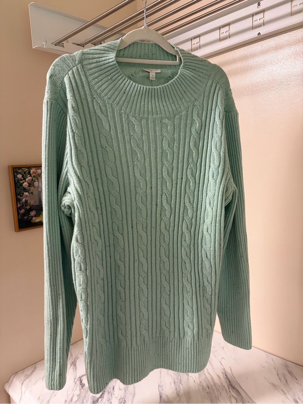 NWT Talbots Plus Cable Knit Sweater 1X Mint Sage Green Donegal Fleck Mock Neck